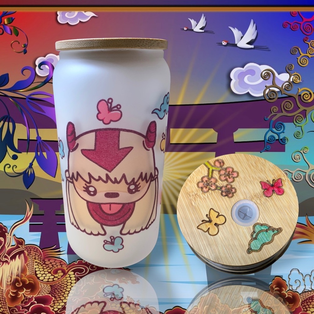 Cute 16oz Appa, flying bison, icons glass beer can either frosted or Clear.